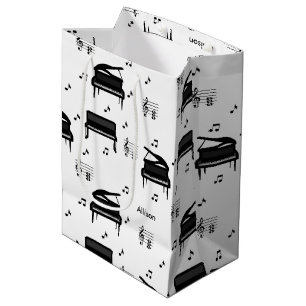 Personalized Grand Piano and Music Notes Pattern Medium Gift Bag