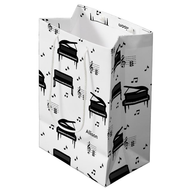 Personalized Grand Piano and Music Notes Pattern Medium Gift Bag (Front Angled)