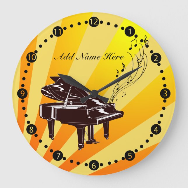 Personalized Grand Piano Notes Yellow and Gold Large Clock (Front)