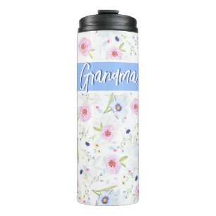 Personalized Grandma Beautiful Floral Pink Blue Thermal Tumbler
