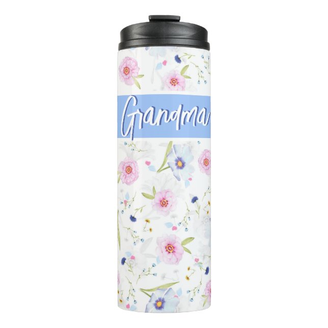 Personalized Grandma Beautiful Floral Pink Blue  Thermal Tumbler (Front)