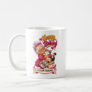 Personalized Grandma Birthday Card with Cat Coffee Mug
