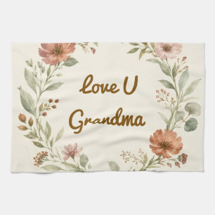 Personalized Grandma Custom Floral Wreath Gift Kitchen Towel