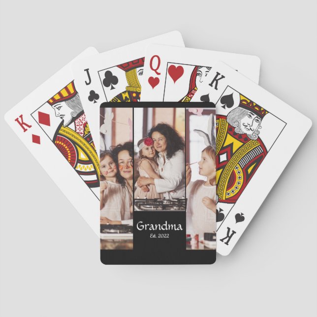 Personalized Grandma Established 3-Photo Collage Playing Cards (Back)