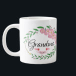 Personalized Grandma Established Flower Wreath Large Coffee Mug<br><div class="desc">================ DESIGN INFORMATION ================
Personalized Grandma Established Flower Wreath with hand-painted pink and white banner mug. Perfect gift for grandma.
More designs available in our store. For further customization or matching products contact us.</div>