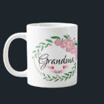 Personalized Grandma Established Flower Wreath Large Coffee Mug<br><div class="desc">================ DESIGN INFORMATION ================ 
Personalized Grandma Established Flower Wreath with hand-painted pink and white banner mug. Perfect gift for grandma. 
More designs available in our store. For further customization or matching products contact us.</div>
