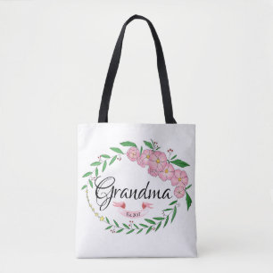 Personalized Grandma Established Flower Wreath Tote Bag