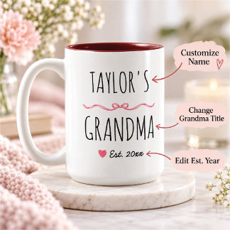 Personalized Grandma Pink Bow Name and Est. Year Two-Tone Coffee Mug
