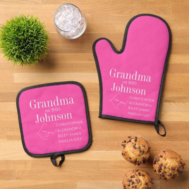Personalized Grandma Pink Oven Mitt & Pot Holder Set (Top Down)