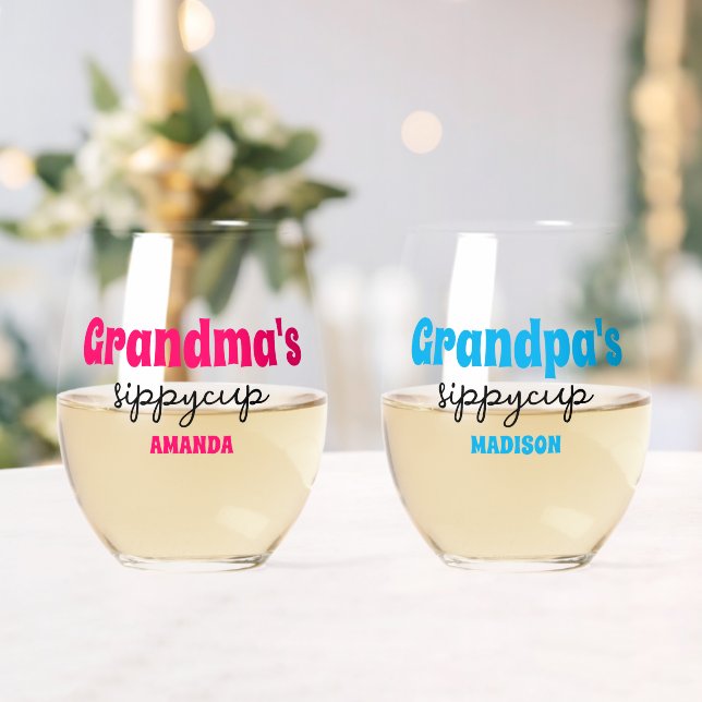 Personalized Grandma's and Grandpa's Sippy Cup Stemless Wine Glass (Insitu (Wedding))