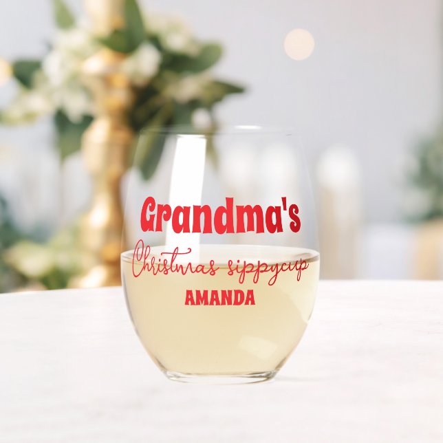 Personalized Grandma's Christmas Sippy Cup Stemless Wine Glass (Insitu (Wedding))