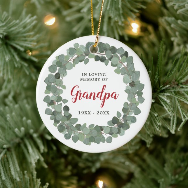 Personalized Grandpa Memorial Rustic Sage Wreath Ceramic Ornament (Tree)