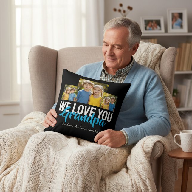 Personalized Grandpa Photo Gift Blue Text Design Throw Pillow (Creator Uploaded)