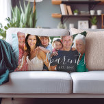 Personalized Grandparents Custom Photo Lumbar Pillow<br><div class="desc">Custom made to order throw pillows personalized with your photos and text. Stylish script text says "grandparents" across the front with space to add an established date or other custom message. Add large full bleed photos on the front and back sides to create a reversible custom pillow. Use the design...</div>