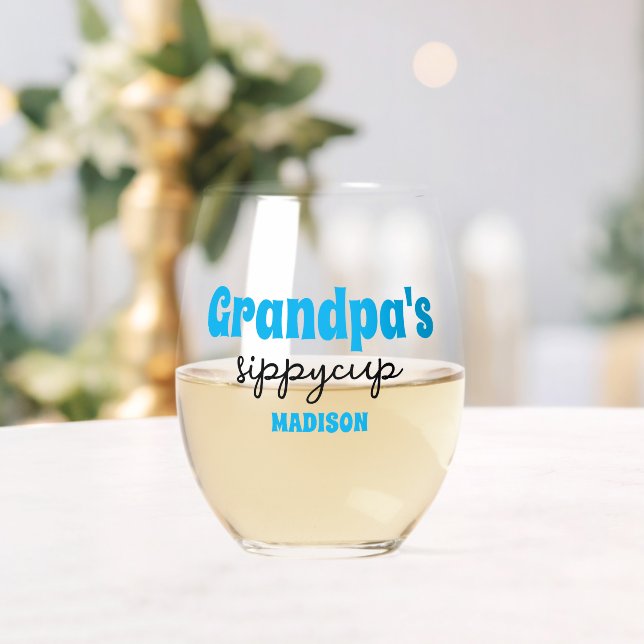Personalized Grandpa's Sippy Cup Stemless Wine Glass (Insitu (Wedding))