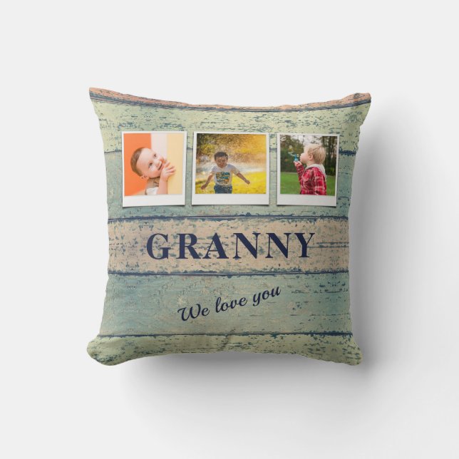 Personalized Granny Grandchildren 3 Photo Collage Throw Pillow (Front)