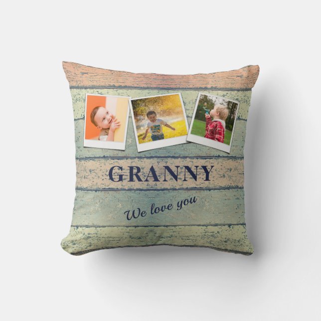 Personalized Granny Grandchildren 3 Photo Collage Throw Pillow (Front)