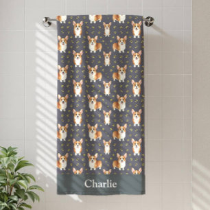 Personalized Gray Corgi Dog Beach Towel