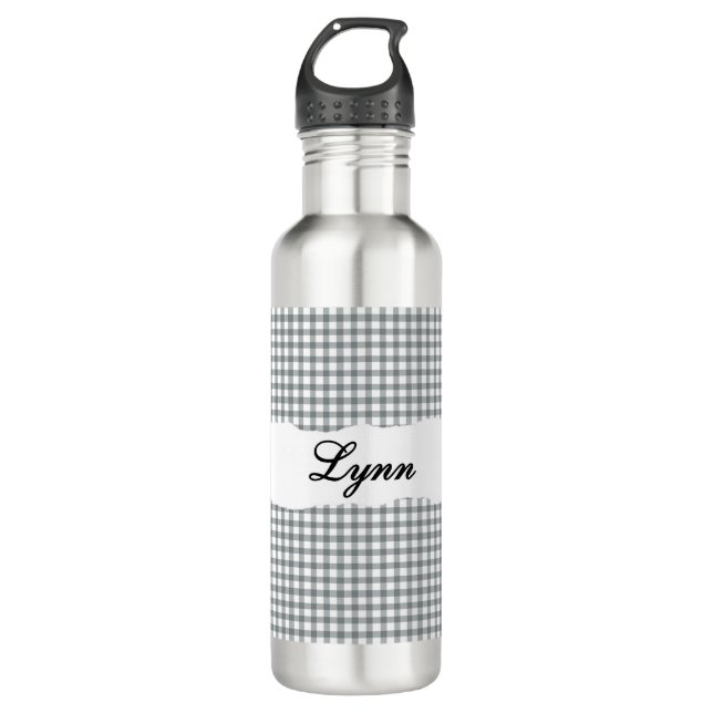 Personalized Gray Gingham Pattern & Custom Name 710 Ml Water Bottle (Front)