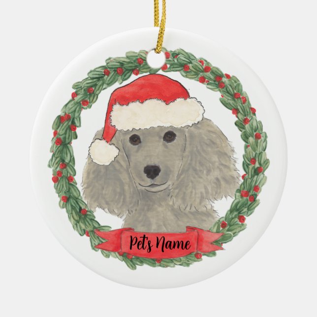 Personalized Gray Silver Poodle Ceramic Ornament (Front)