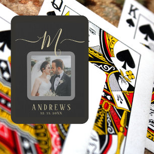 Personalized Gray White Photo Signature Wedding Playing Cards
