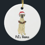 Personalized Great Dane (Fawn) Ceramic Ornament<br><div class="desc">Make the nice list this year with a personalized Christmas ornament of your favorite little fawn masked great dane elf in a santa hat and red and green holly wreath! For the sweetest gifts, pair it with a matching art print or another item from my fawn masked great dane collection!...</div>