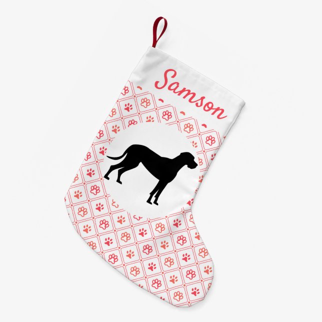 Personalized Great Dane Red Paw Tile Pattern Small Christmas Stocking (Front (Hanging))
