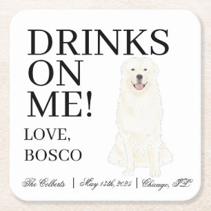 Personalized Great Pyrenees Dog Wedding Square Paper Coaster