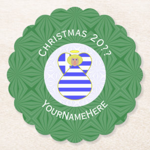 Personalized Greek Blonde Angel Christmas Flag Paper Coaster