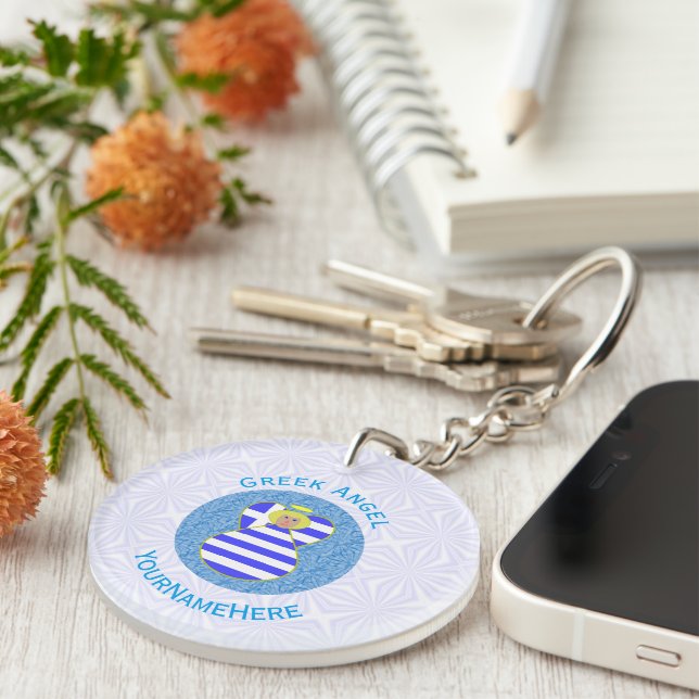 Personalized Greek Blonde Angel Flag Keychain (Front Right)