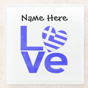 Personalized Greek Flag Heart Blue LOVE Glass Coaster