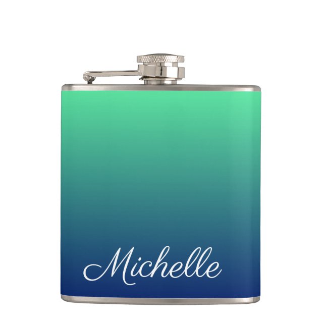 Personalized green and blue ombre hip flask (Front)