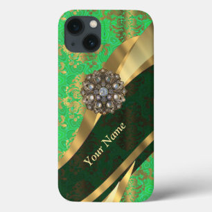 Personalized green and gold damask pattern iPhone 13 case
