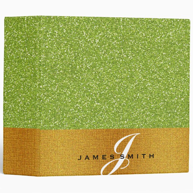 Personalized Green and Gold Faux Confetti Glitter Binder (Front/Spine)