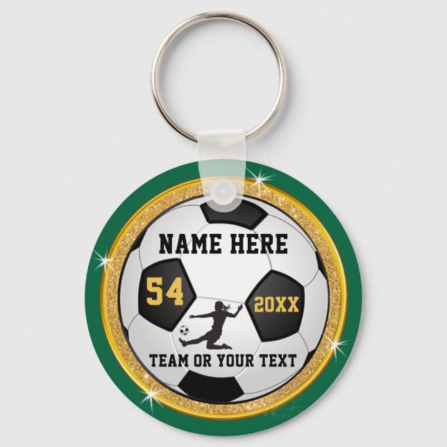 Personalized Green and Gold Soccer Gifts for Girls Keychain (Front)