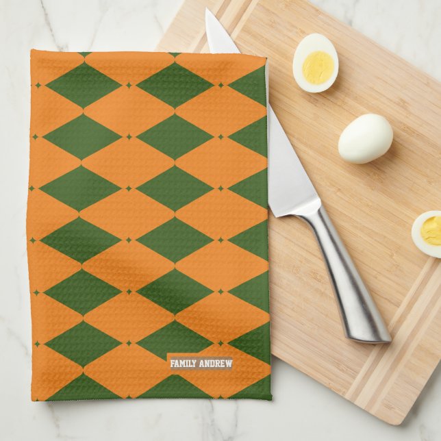 Personalized green and orange diamond pattern kitchen towel (Quarter Fold)