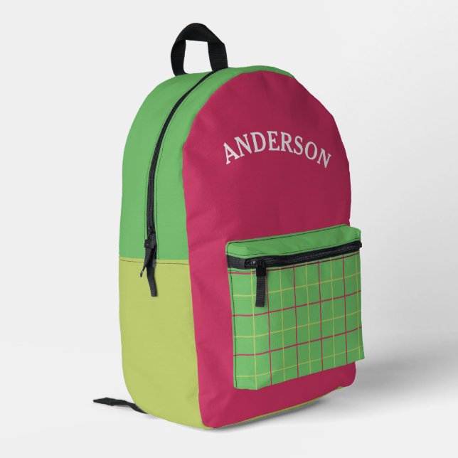 Personalized Green And Pink Gingham Plaid Pattern  Printed Backpack (Back Corner Left)