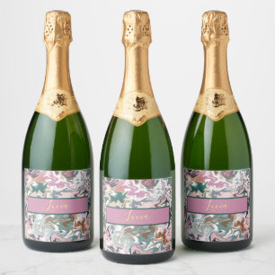 Personalized Green and Pink Marble Abstract Custom Sparkling Wine Label