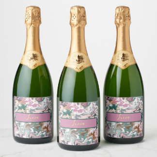 Personalized Green and Pink Marble Abstract Custom Sparkling Wine Label