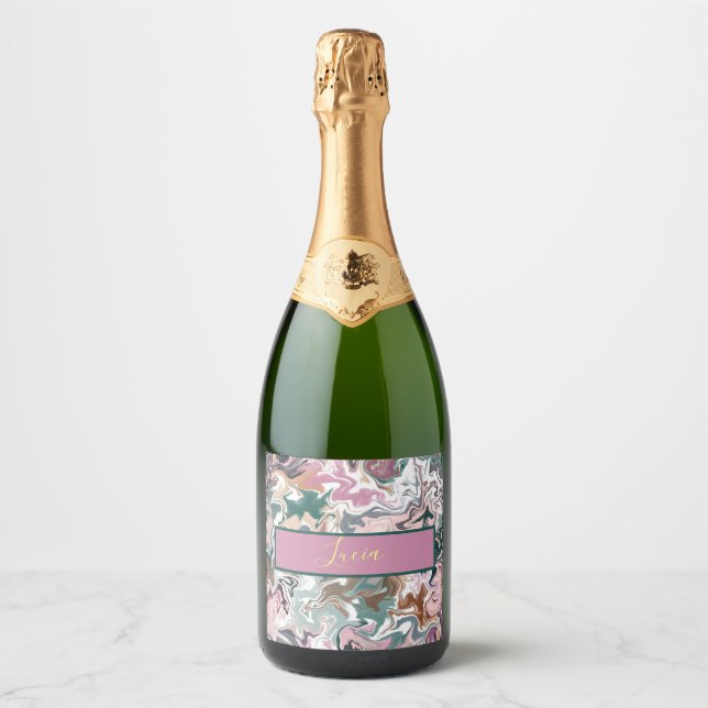 Personalized Green and Pink Marble Abstract Custom Sparkling Wine Label (Front)