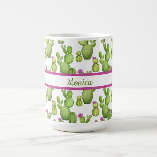 Personalized, Green and Purple, Cactus Patterned Coffee Mug (Center)