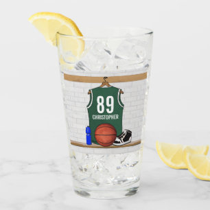 Personalized Green and White Basketball Glass