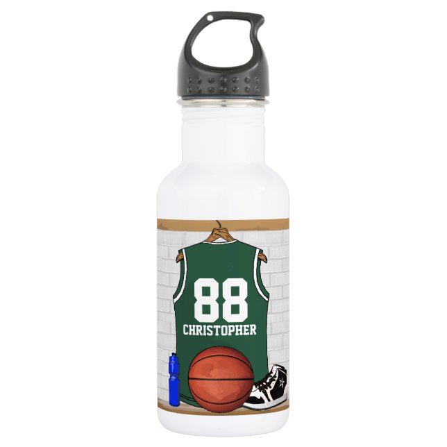 Personalized green and white basketball jersey 532 ml water bottle (Front)
