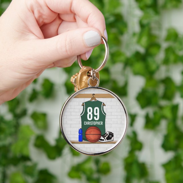 Personalized Green and White Basketball Jersey Keychain (Hand)