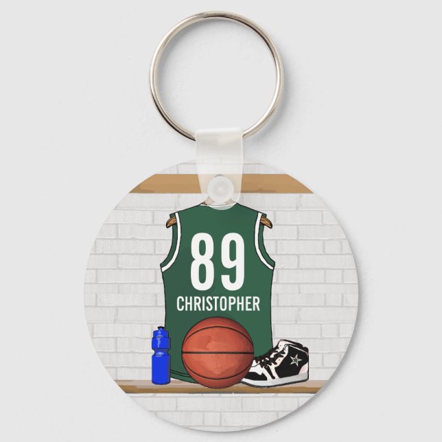 Personalized Green and White Basketball Jersey Keychain (Front)