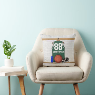 Personalized Green and White Basketball Jersey Throw Pillow