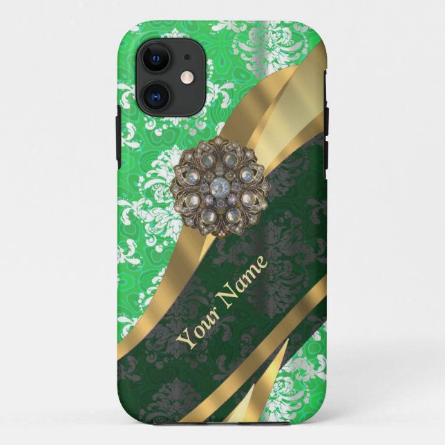 Personalized green and white damask pattern Case-Mate iPhone case (Back)