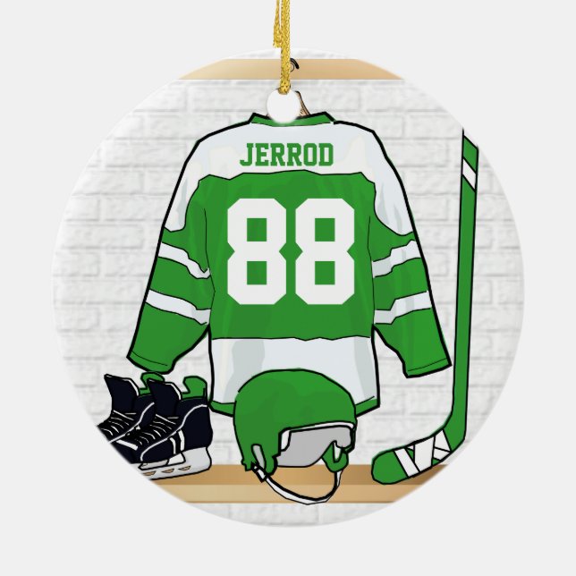 Personalized Green and White Ice Hockey Jersey Ceramic Ornament (Back)