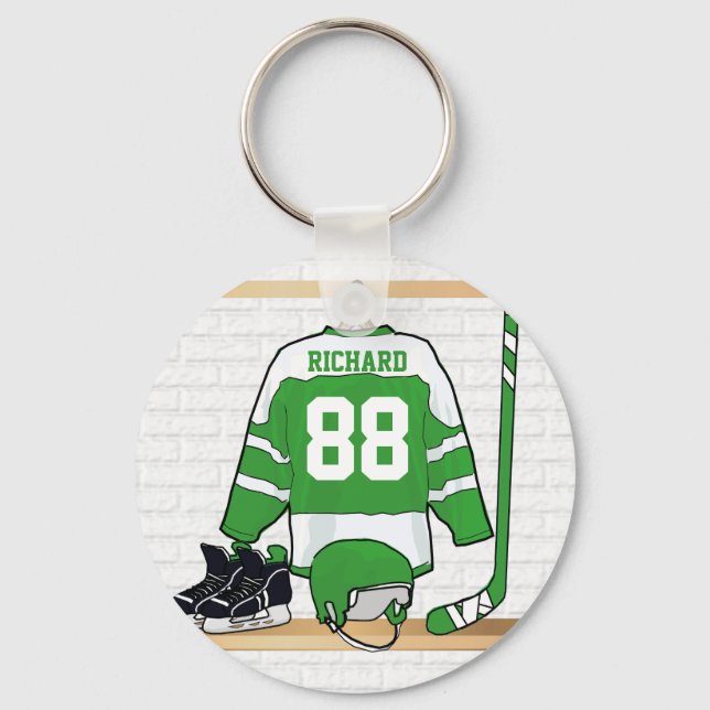 Personalized Green and White Ice Hockey Jersey Keychain (Front)