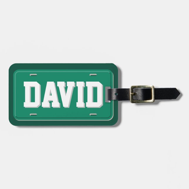 Personalized Green and White License Plate Luggage Tag (Front Horizontal)